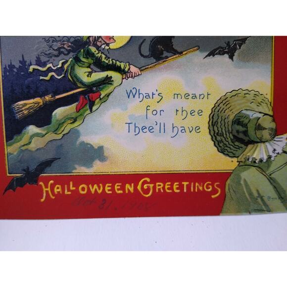 Halloween Postcard Fantasy Witch Moon Bats Victorian Lady EC Banks Albert Wilson - Picture 3 of 5